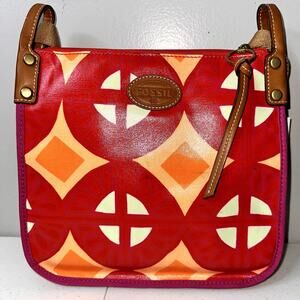 Fossil Waxed Canvas Pink Orange Crossbody Purse Handbag NWT